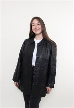Vintage 80s black leather trench jacket, women retro 