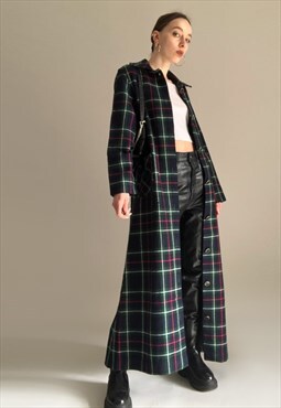 70s Vintage long oversized checkered coat in navy blue