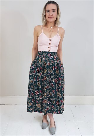 VINTAGE 90'S GREEN AND BURGUNDY FLORAL MIDI SKIRT