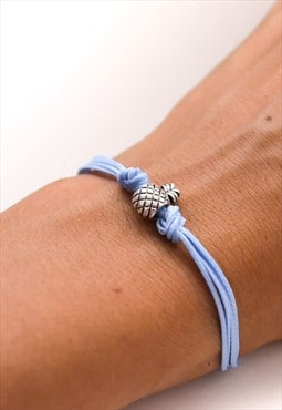 Silver pineapple bracelet blue cord gift tropical jewelry