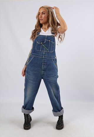 VINTAGE USA KEY DENIM DUNGAREES WIDE LEG UK 12 M (DDB)
