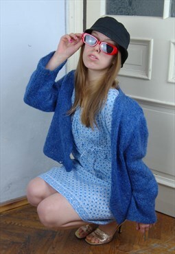 Vintage Y2K Blue Crochet Short Fluffy Funky Soft Cardigan 