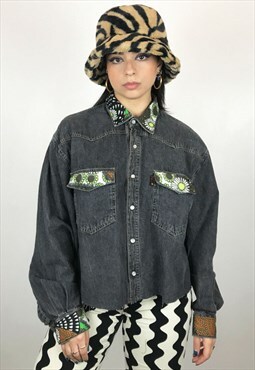 Upcycled Shirt In Grey Denim And 70's Groovy Green