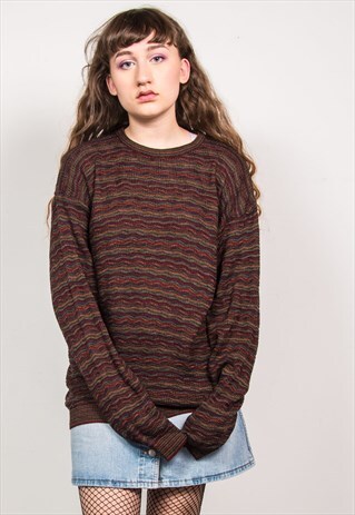 VINTAGE 90'S BROWN STRIPED KNIT GRUNGE STYLE JUMPER