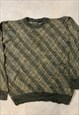 VINTAGE KNITTED JUMPER ABSTRACT PATTERNED GRANDAD SWEATER