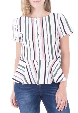 CREW NECK SHORT SLEEVE STRIPED PEPLUM TOP