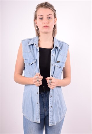 LEE WOMENS VINTAGE DENIM SHIRT SLEEVELESS LARGE BLUE 90'S