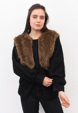 Fluffy Sweater Cardigan Faux Fur Collar Puffer Sleeves VTG