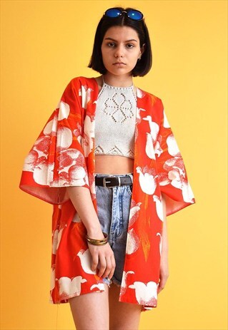 70'S RETRO BOHO FESTIVAL FLORAL PATTERN KIMONO JACKET