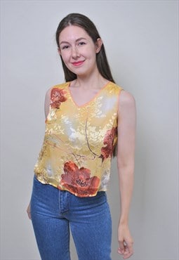 Vintage 90s crop top, asian flowers tank top Chinese crop 