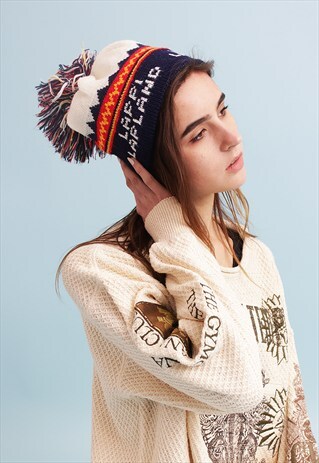 VINTAGE 70'S HANDMADE KNIT FAIR ISLE POM POM LAPLAND HAT