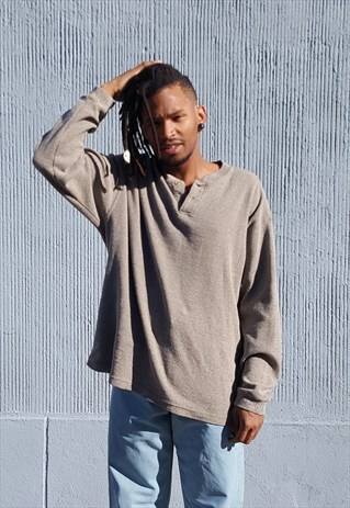 90S OVERSIZE SPORTSWEAR SKATER BEIGE WAFFLE KNIT HENLEY