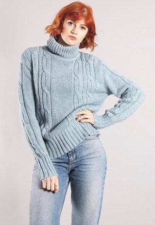 VINTAGE 80S CHUNKY CABLE KNIT ROLL NECK JUMPER IN BLUE