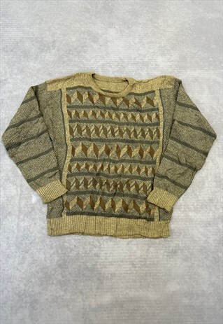 VINTAGE KNITTED JUMPER ABSTRACT PATTERNED GRANDAD SWEATER