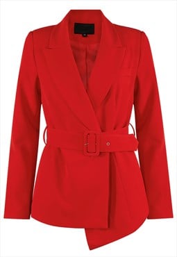Asymmetric Belted Blazer In Red