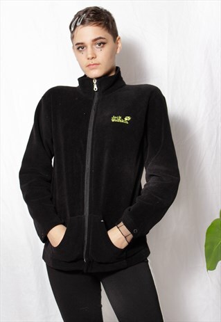 90S GRUNGE Y2K SPORTS BLACK JACK WOLFSKIN FLEECE CARDIGAN