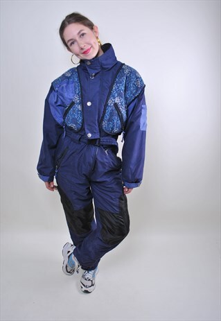 SNOWFLAKE PRINT BLUE SKI SUIT, VINTAGE HOODED WOMAN SNOWSUIT