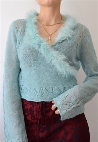 VINTAGE 90S MOHAIR BLEND CROPPED FEATHER TRIM WRAP CARDIGAN