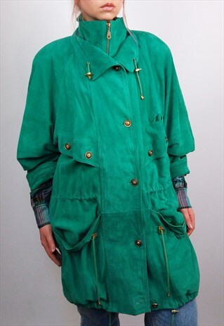 VINTAGE 80'S REAL SUEDE OVERSIZED COAT / JACKET IN GREEN