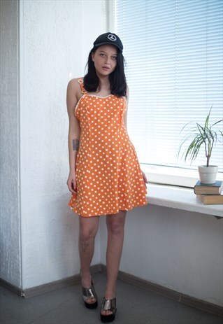 VINTAGE 70'S ORANGE POLKA DOT SLEEVELESS MINI DRESS