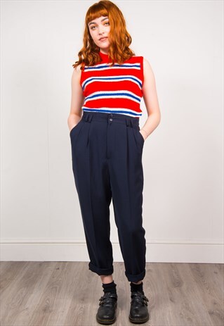 VINTAGE 90'S NAVY BLUE HIGH WAIST TAPERED TROUSERS