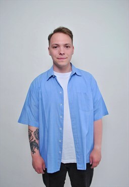 Blue Cotton Shirt men vintage 80's casual minimalist shirt 
