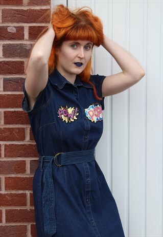 VINTAGE 90S NAVY BLUE DENIM SHIRT DRESS SEQUIN POW ART BADGE