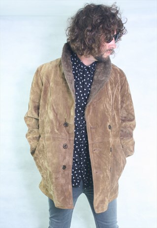 70S VINTAGE SUEDE SHEEPSKIN SHERLING LINED COAT
