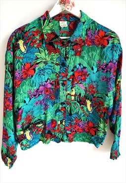 Vintage 90s Floral Flowers Blouse Shirt Tropical long sleeve
