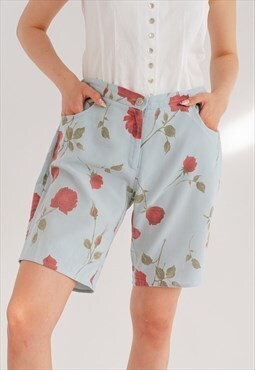 Vintage Low Waist Floral Printed Midi Shorts in Blue M