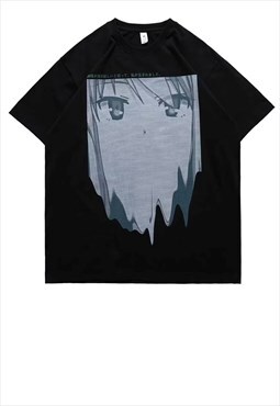 Anime print t-shirt Korean cartoon tee grunge top in black