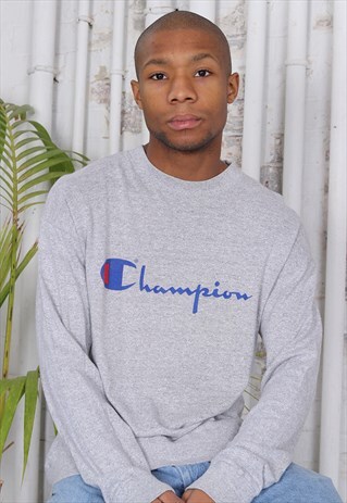 VINTAGE CHAMPION BIG LOGO SPELL OUT LONG SLEEVE T-SHIRT GREY