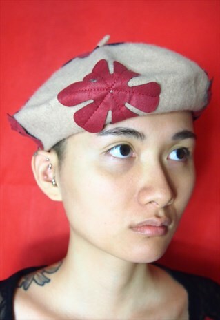 BEIGE WOOL FLORAL BERET