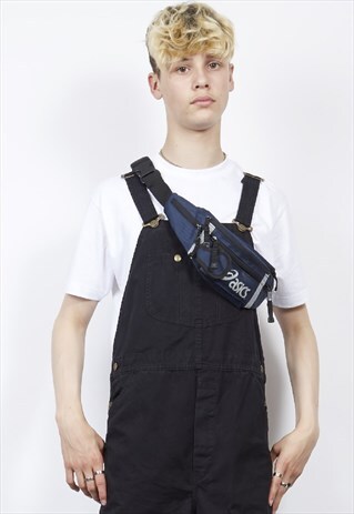 VINTAGE 90'S ASICS DARK BLUE REFLECTIVE BUM BAG