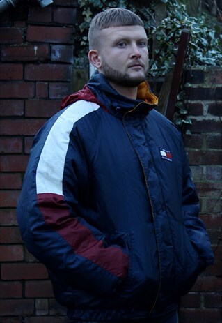 VINTAGE NAVY TOMMY HILFIGER BLOCK COLOUR PUFFER JACKET LARGE
