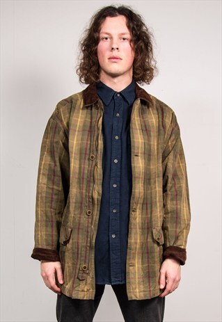 VINTAGE 90'S GREEN CHECK PATTERN CORD COLLAR JACKET COAT