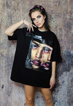 Anime t-shirt Japanese girl print tee grunge raver top black