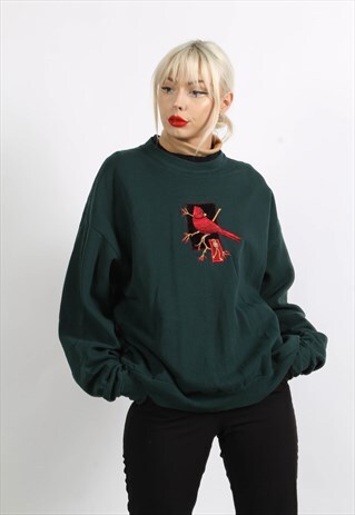 VINTAGE 90'S OVERSIZE BIRD GRAPHIC PRINT SWEATSHIRT GREEN
