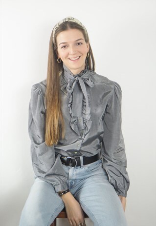 VINTAGE GREY FRILL 80S BLOUSE
