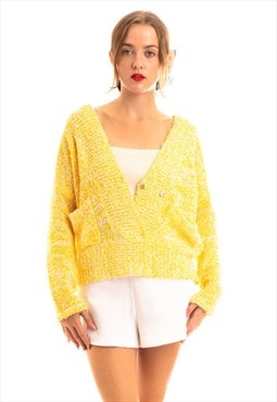 Fine Knit V Neck Cardigan with Pockets in Yellow