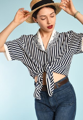 VINTAGE 80'S RETRO PARIS CHIC MINIMALIST NAUTICAL BLOUSE TOP
