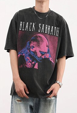 Black Washed Graphic Cotton Band oversized T shirt tee