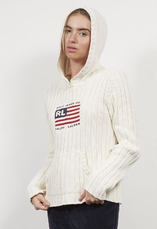 VINTAGE 90'S RALPH LAUREN LOGO CREAM KNIT HOODIE