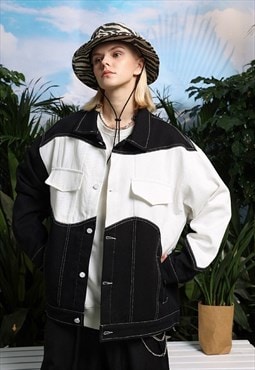 Cow denim jacket asymmetric out reworked jean coat in white