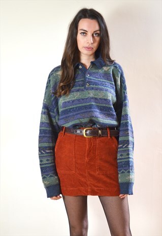 80S VINTAGE BLUE & GREEN COLLARED KNIT JUMPER