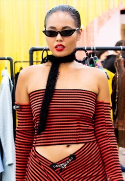 Red & Black Striped Tube Top