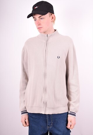 FRED PERRY MENS VINTAGE CARDIGAN JUMPER LARGE BEIGE 90'S