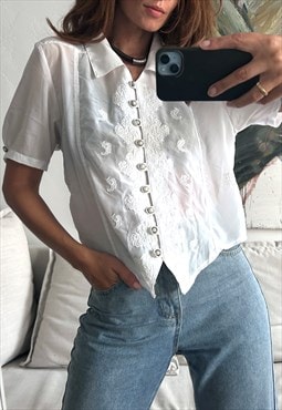 Retro Embroidered White Victorian Blouse - L - XL