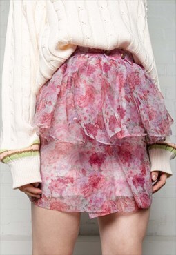 Pink floral pleated peplum high waisted mini skirt