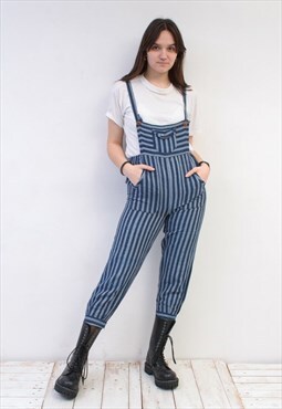 Vintage 80's Women's M Blue Striped Cotton Overall Jumpsuit